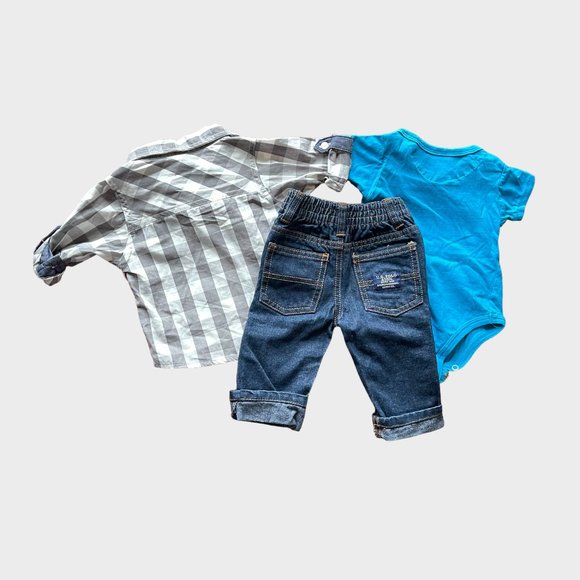 U.S. Polo Assn. 3-Pc Outfit Set Button-Up, T-Shirt, Jeans (White/Grey/Blue) - Picture 2 of 4